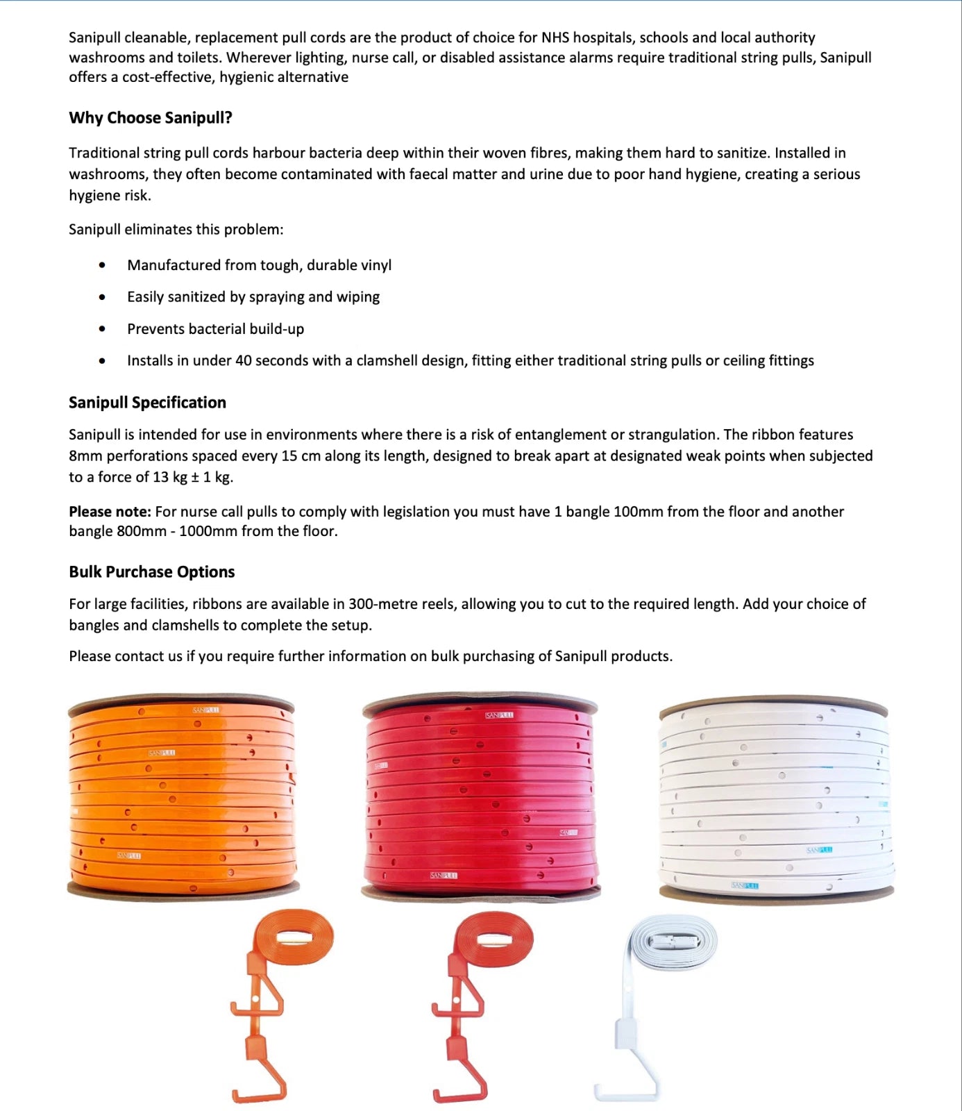 Nurse Call Pull Cord – Anti-Ligature, Hygienic & Wipeable Replacement